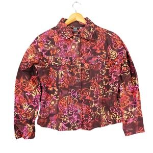 Gaudy Couture Jacket Womens S Maroon Cotton Batik Floral Button Up Boho Artistic